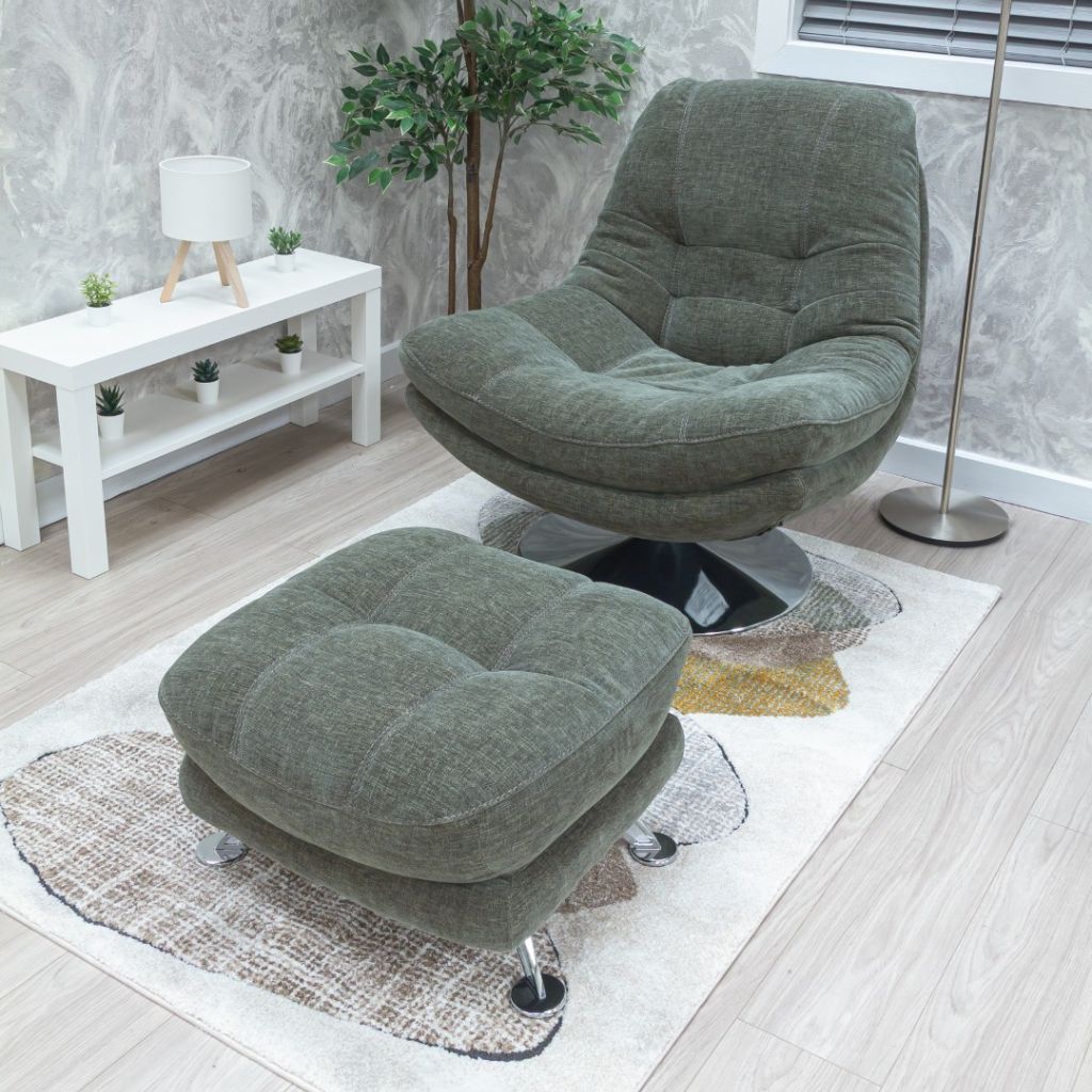 Sage green swivel chair and matching footstool
