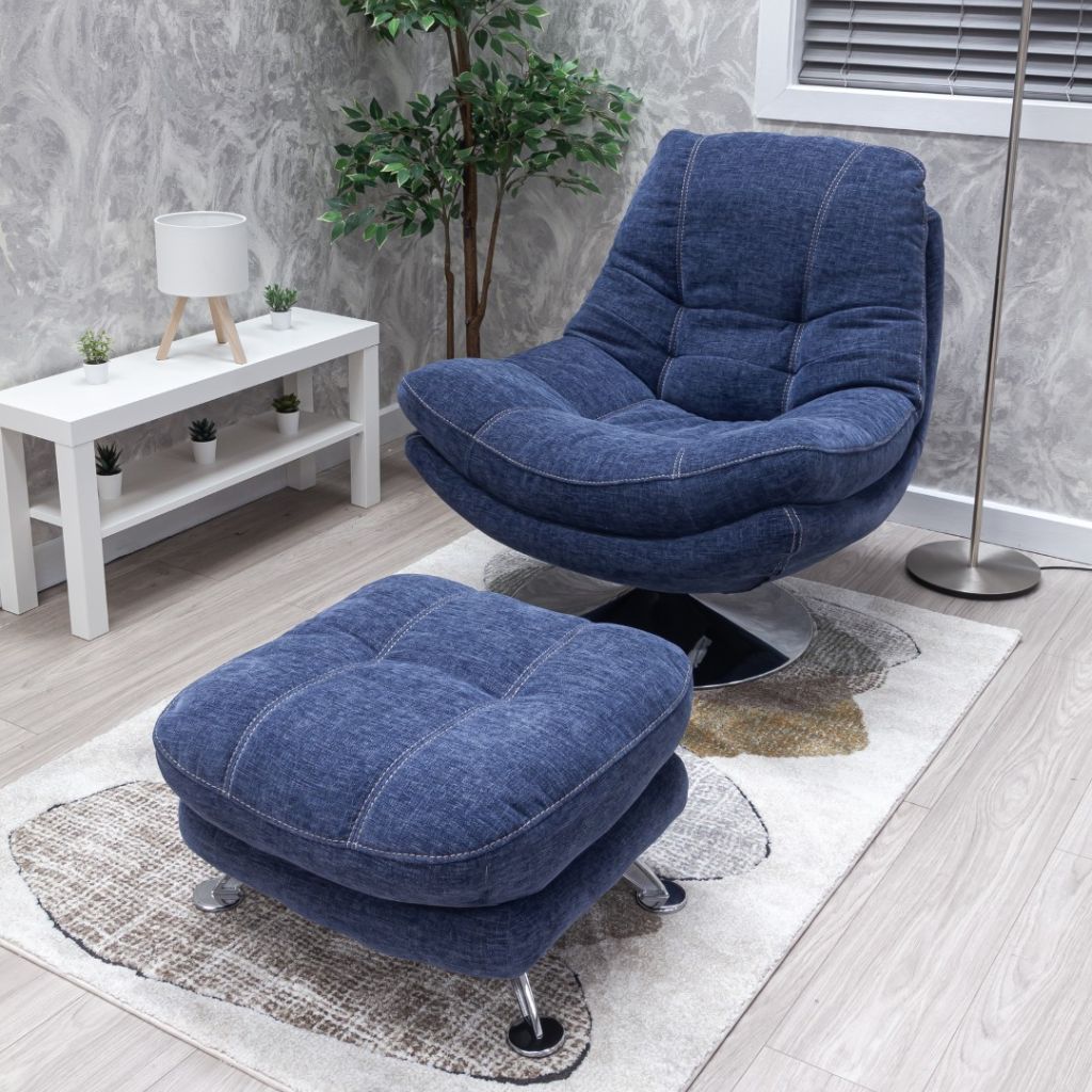 Sapphire blue swivel chair and matching footstool