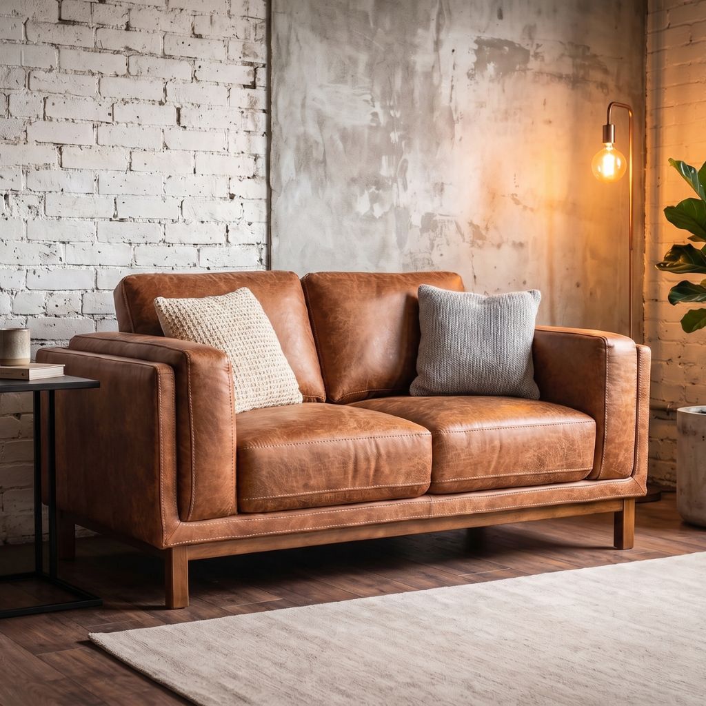 Tan fabric sofa with wooden legs