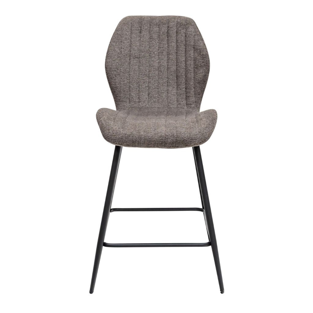 Gray textured bar stool with black metal legs on a white background