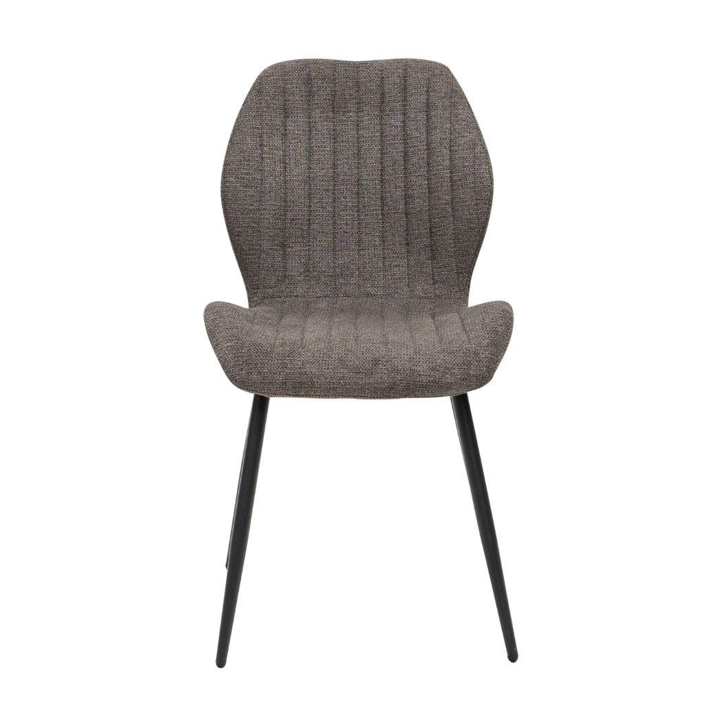 Gray upholstered chair with black legs on a white background