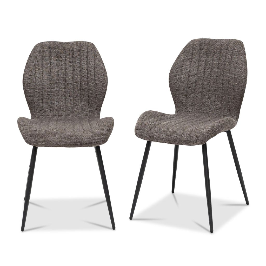 Two gray upholstered chairs with black legs on a white background