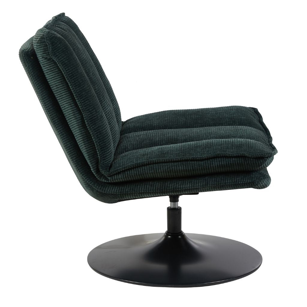 Green upholstered chair with a black swivel base on a white background