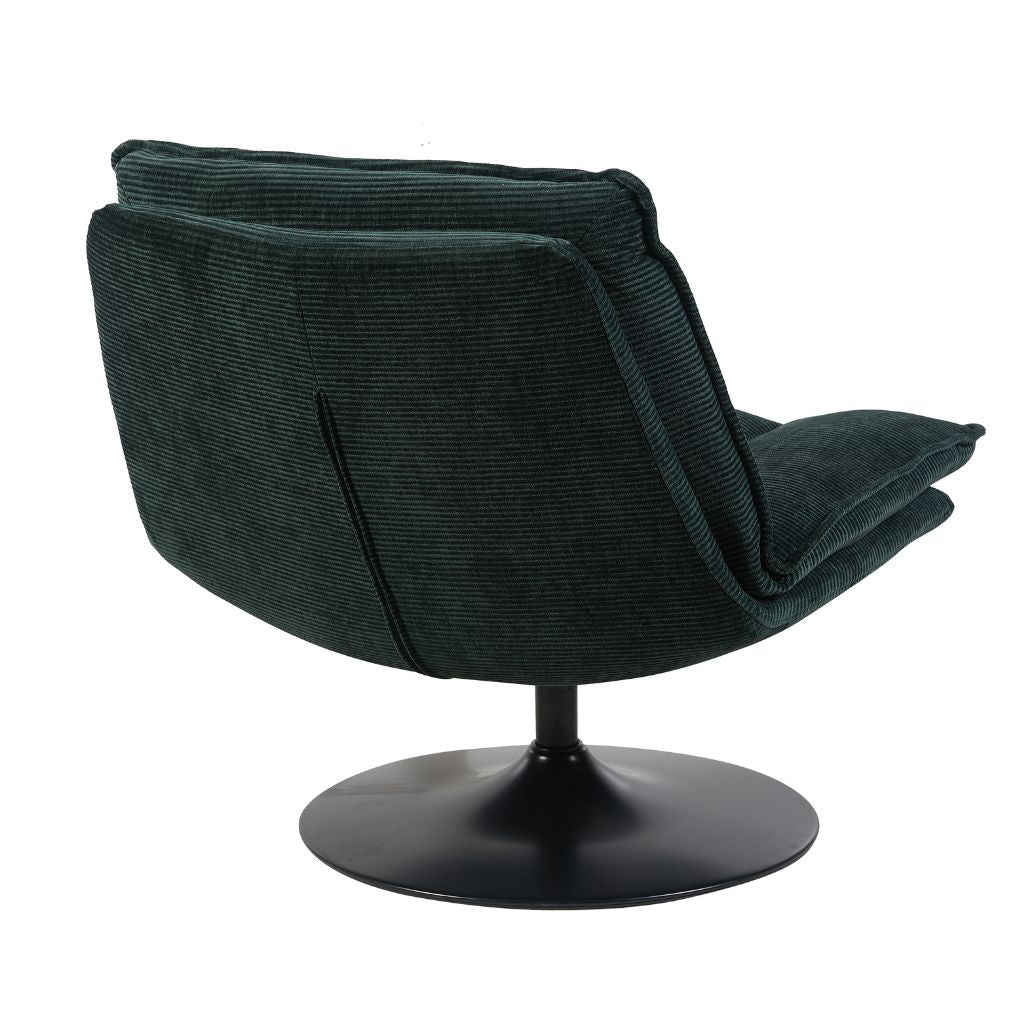 Dark green armchair with a black swivel base on a white background