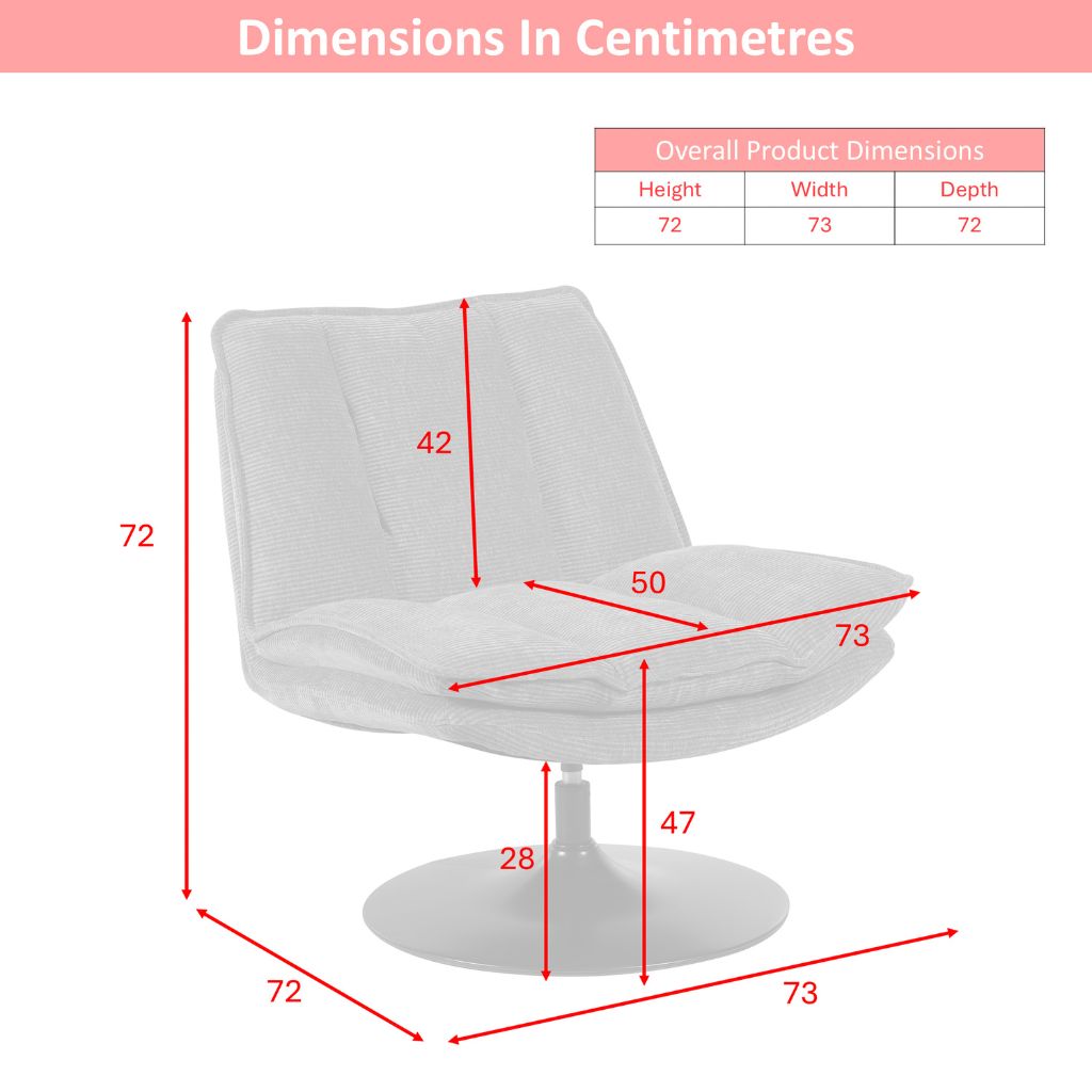 White chair with dimensions marked in centimetres on a white background