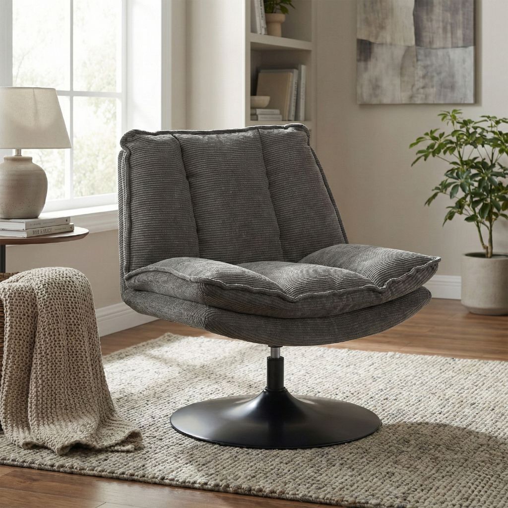 Gray cushioned chair in a living room setting with a lamp, plant, and bookshelf.
