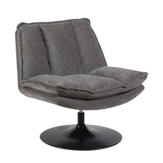 Gray cushioned chair with a black base on a white background