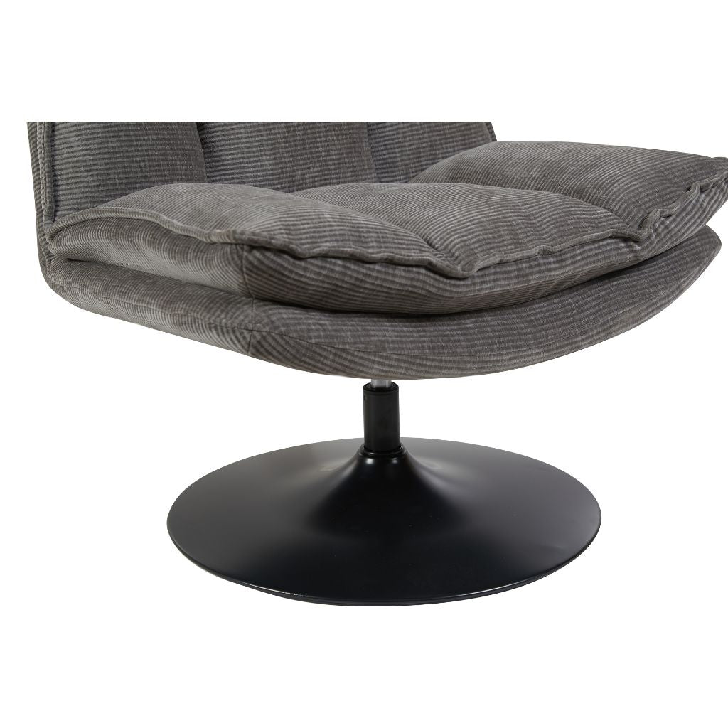 Gray cushioned chair with a black base on a white background