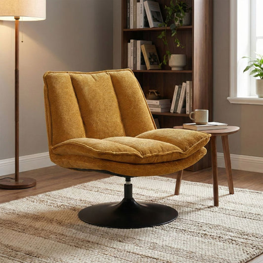 Yellow armchair in a living room setting with a bookshelf and lamp.