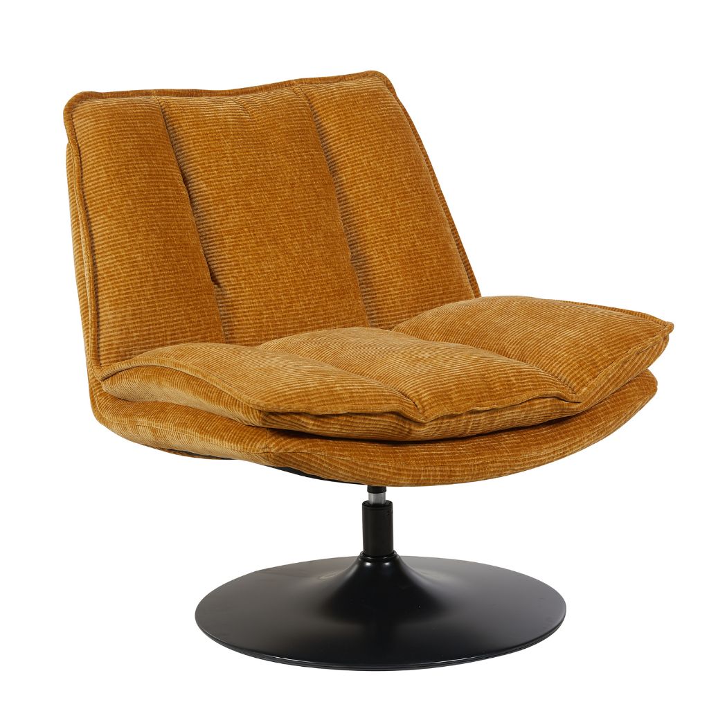 Ochre cushioned chair with a black base on a white background