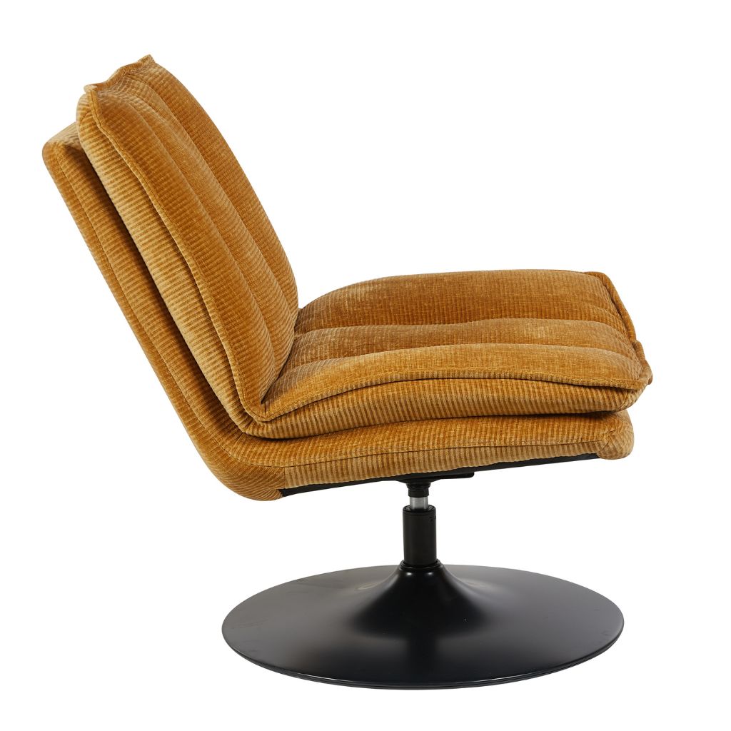 Orange upholstered chair with a black swivel base on a white background