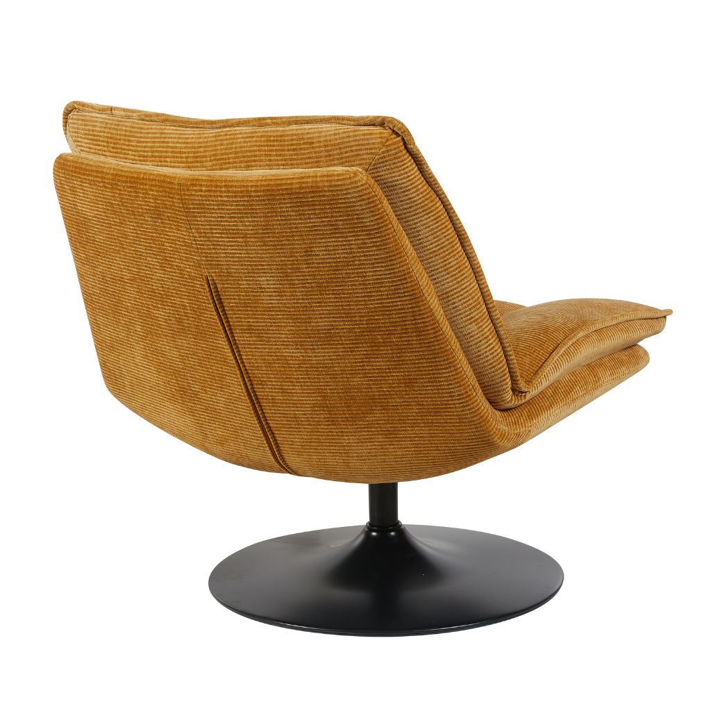 Ochre swivel chair with a black base on a white background