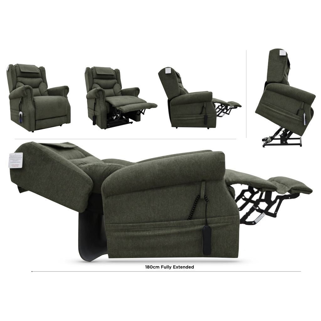 Green recliner chair in various angles on a white background