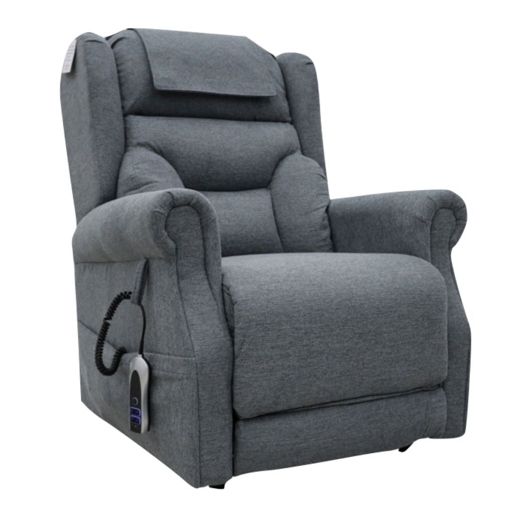 Gray recliner chair with control panel on a white background