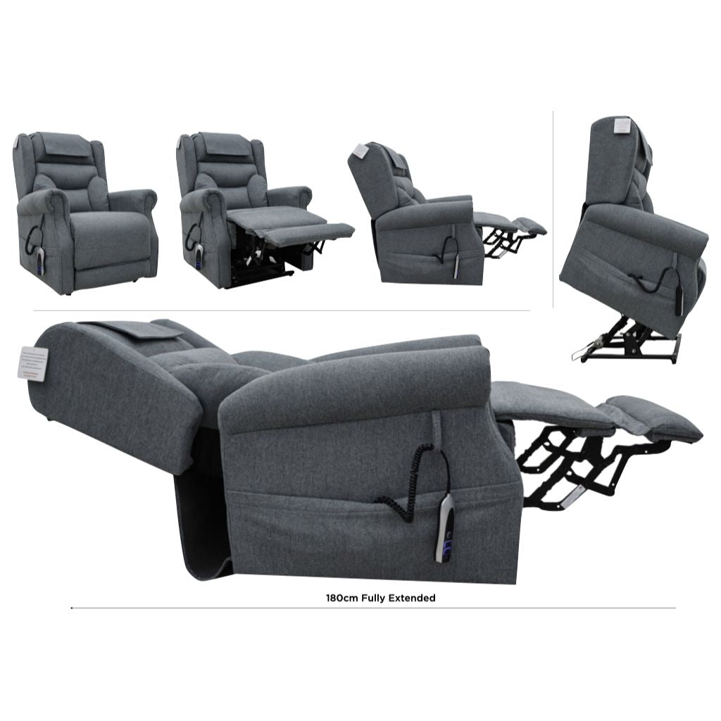 Gray recliner chair shown in various angles on a white background