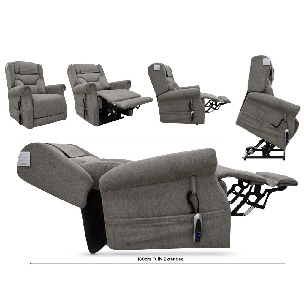 Gray recliner chair in various positions on a white background