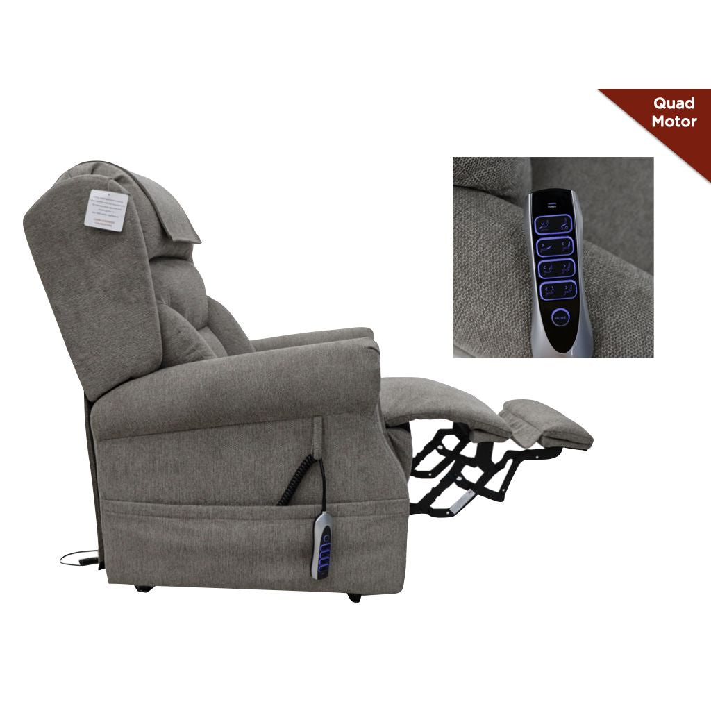 Gray recliner chair with remote control on a white background