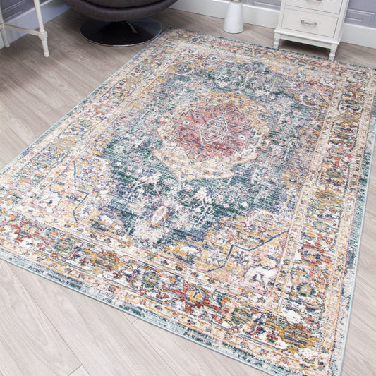 Multicolored patterned rug on a wooden floor