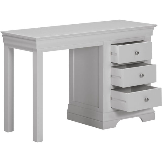 Grey desk with three drawers on a white background