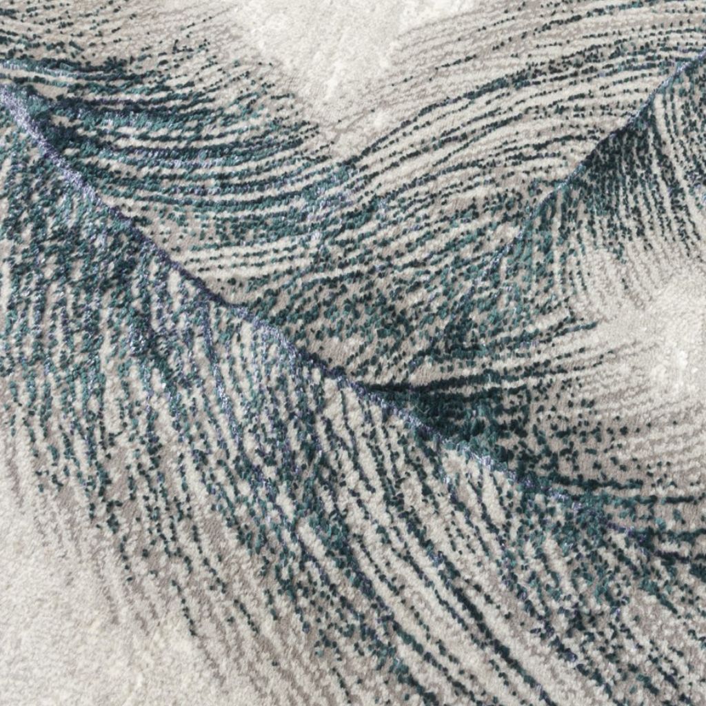 Close-up of a textured fabric with wavy pattern in blue and gray.