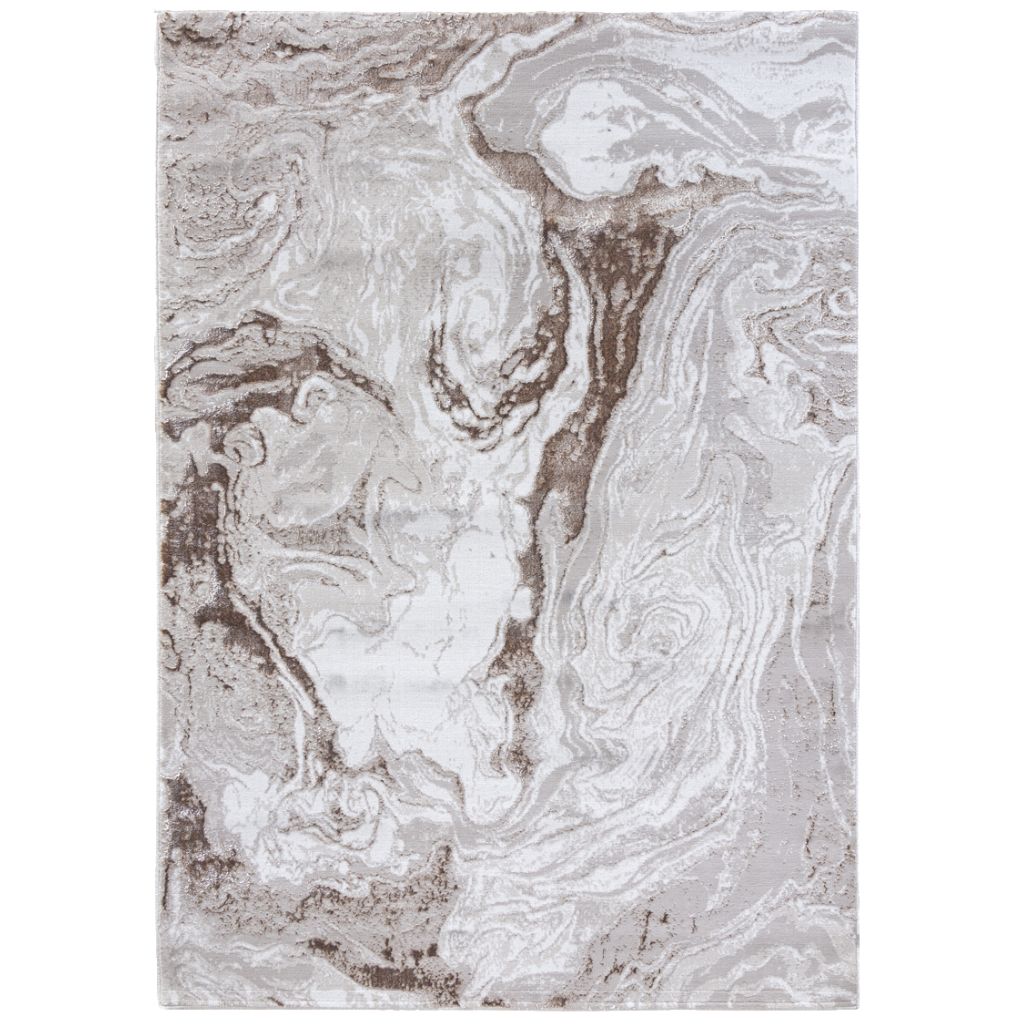 Marble-patterned rug with brown and gray swirls on a white background