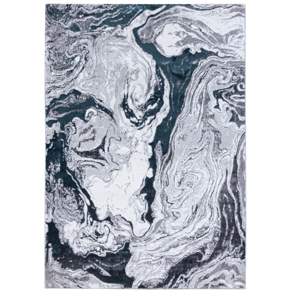 Marble-patterned rug with swirling gray, green and white design on a white background