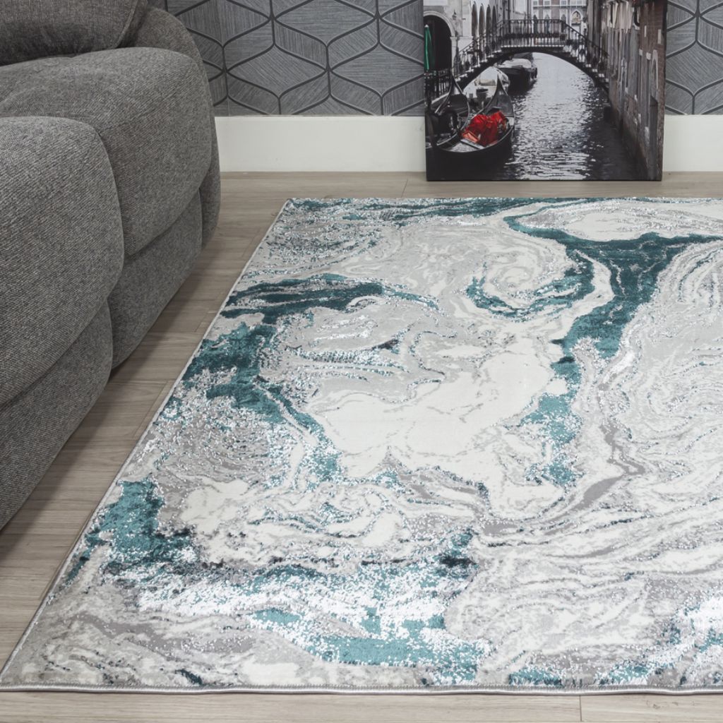 Decorative rug with marble design in a living room setting