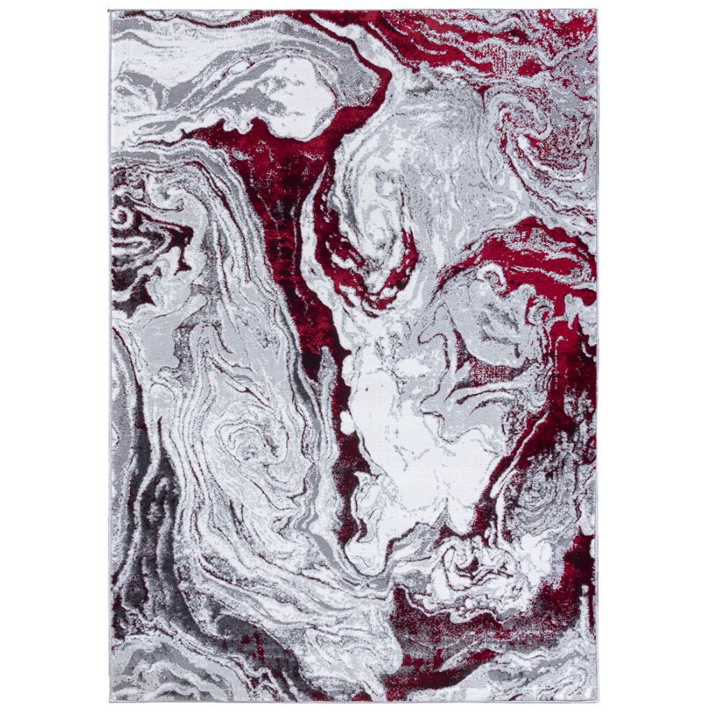 Marble-patterned rug with red and gray swirls on a white background