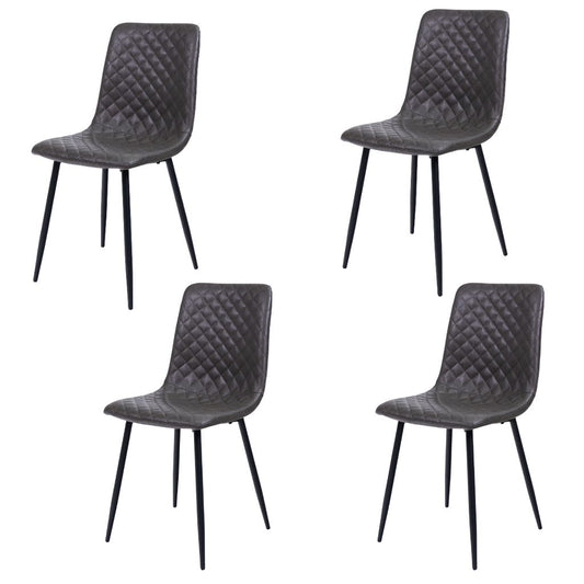 Four gray quilted chairs with black legs on a white background