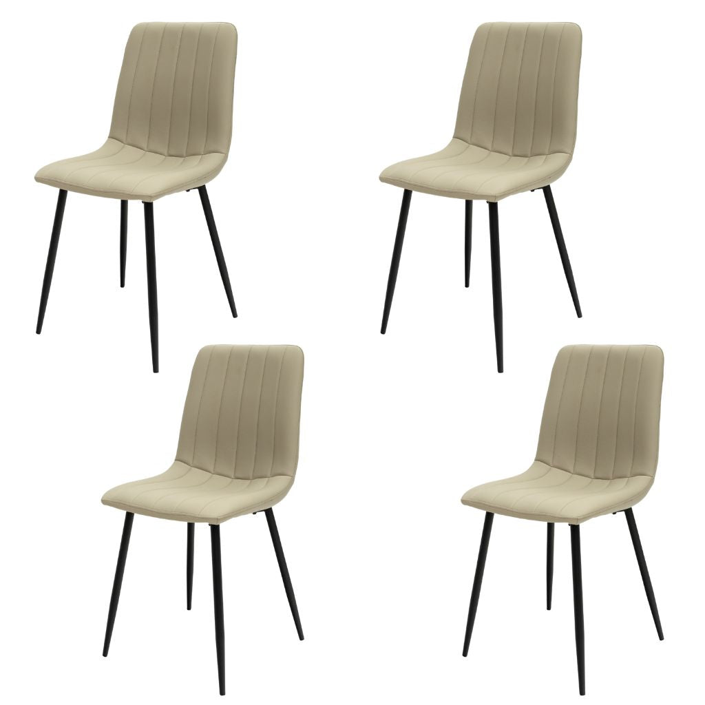 Four beige chairs with black legs on a white background