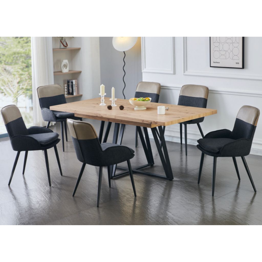 Dining table set with chairs in a modern room