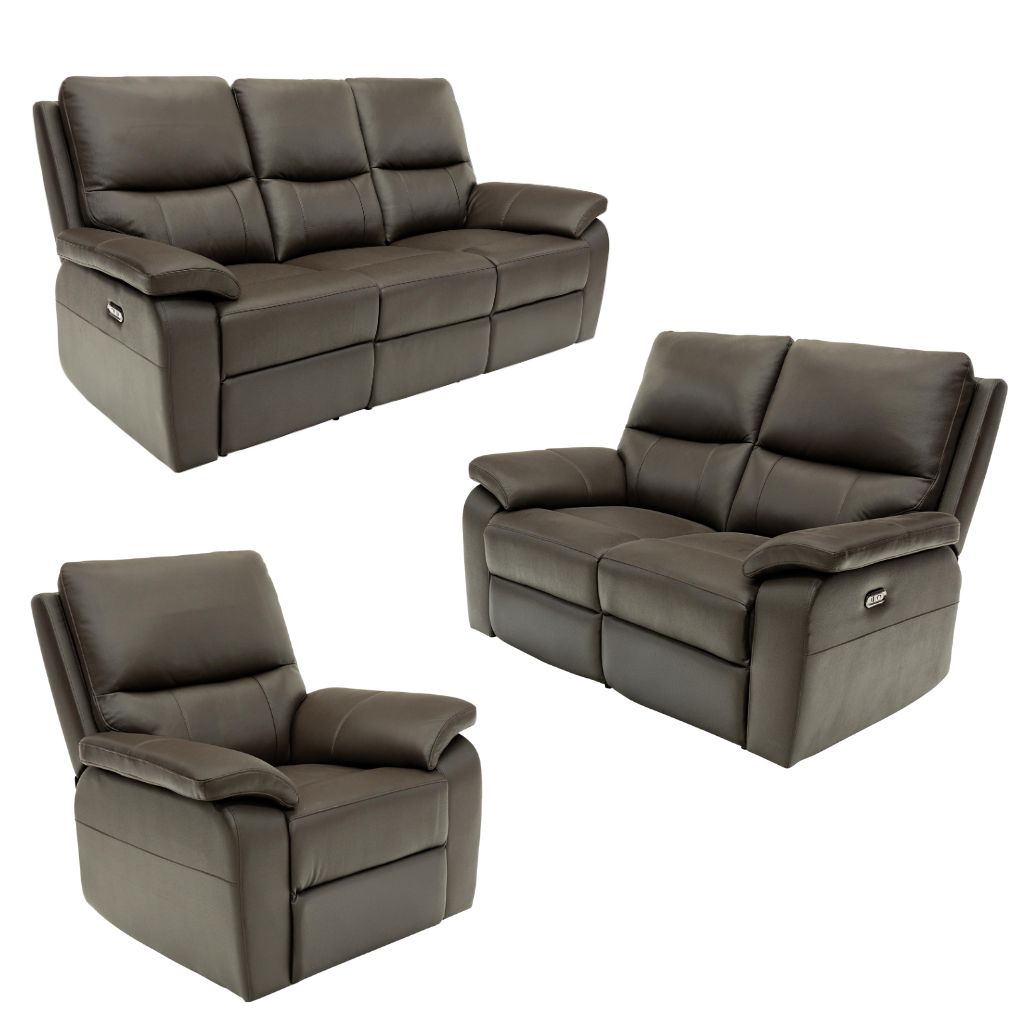Set of brown leather reclining sofa and chair on a white background