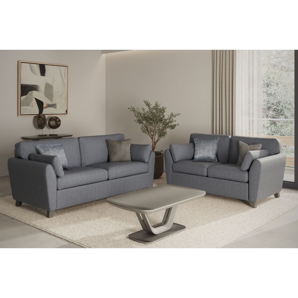 Blue sofa set in a living room with a coffee table and decorative items.