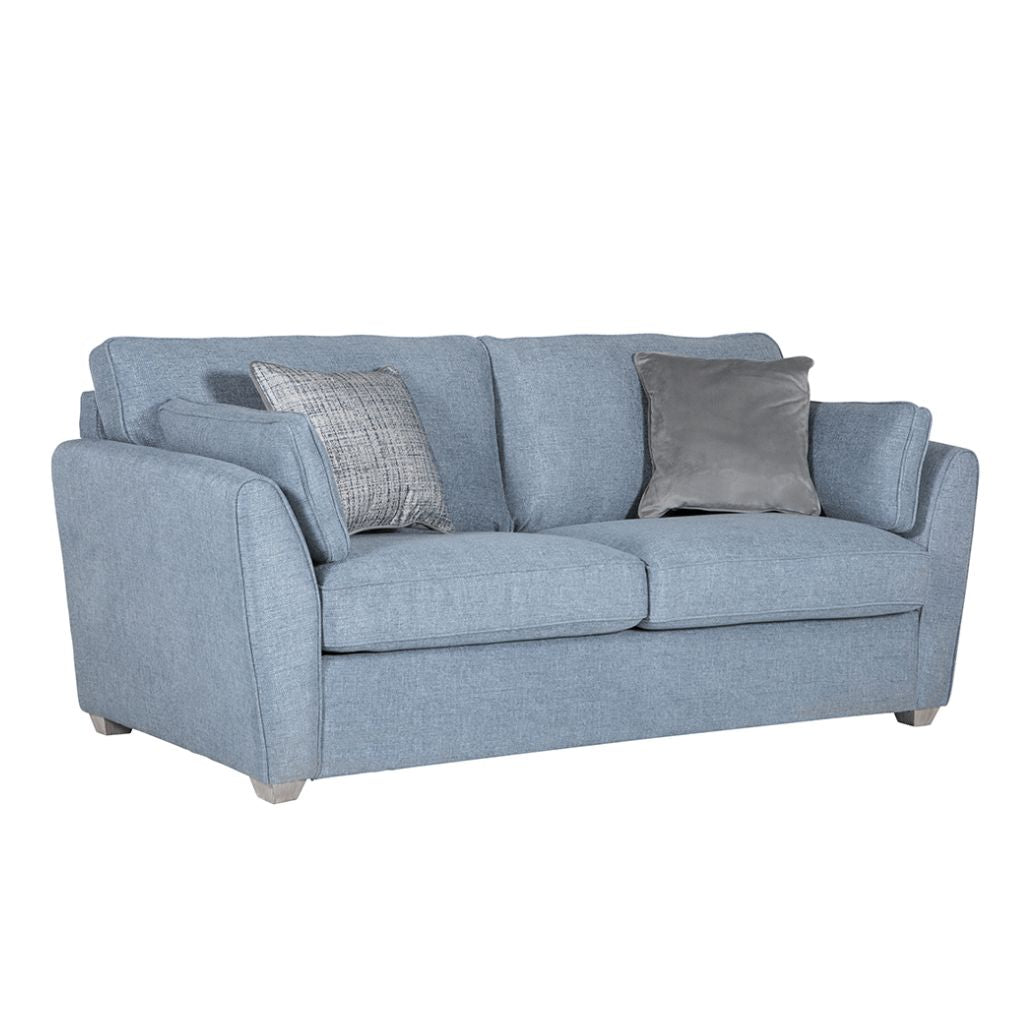 A light blue sofa bed with pocket sprung and foam seats with fibre filled cushions maximising comfort.