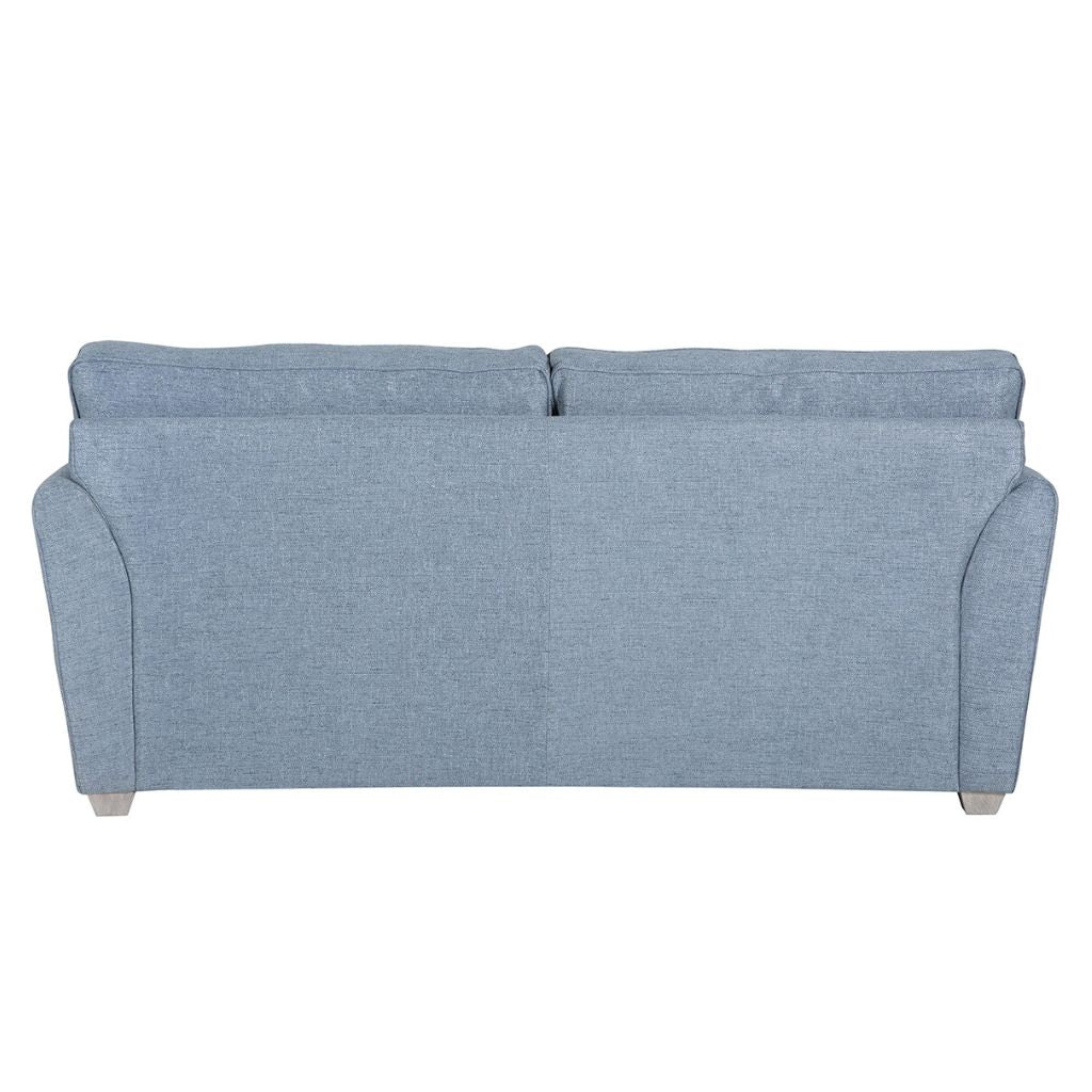 Back view of the gorgeous cantrell sofa bed with beautiful linen look fabric in shade blue
