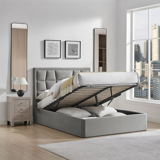 Gray upholstered bed with open storage drawers in a modern bedroom.