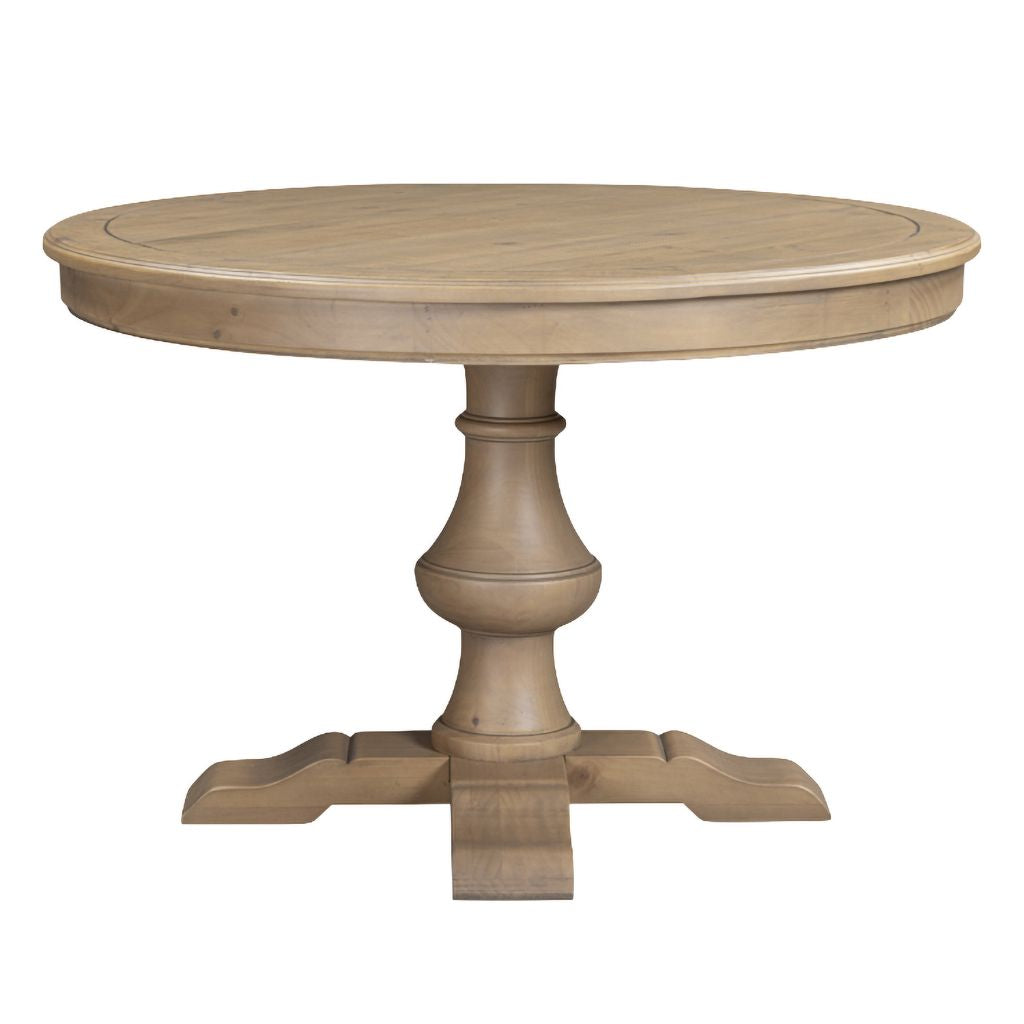 Round wooden table with a pedestal base on a white background