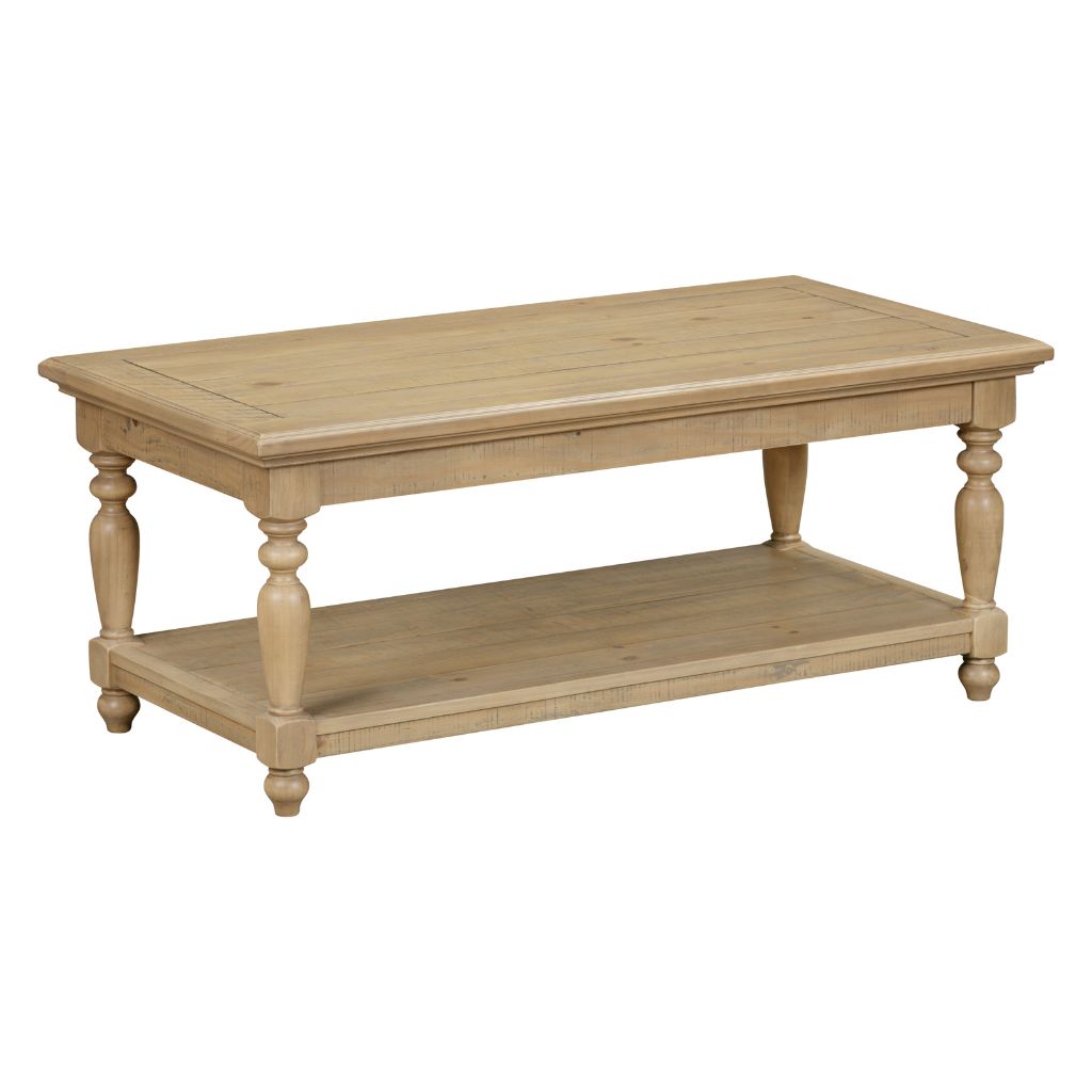 Wooden coffee table with a shelf on a white background