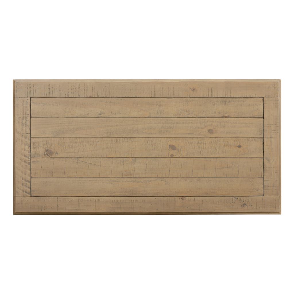 Wooden coffee table top with horizontal slats on a white background