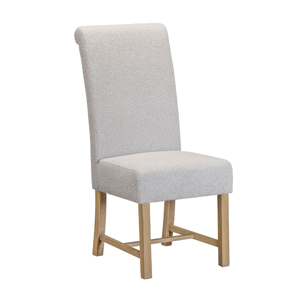 Gray upholstered chair with wooden legs on a white background
