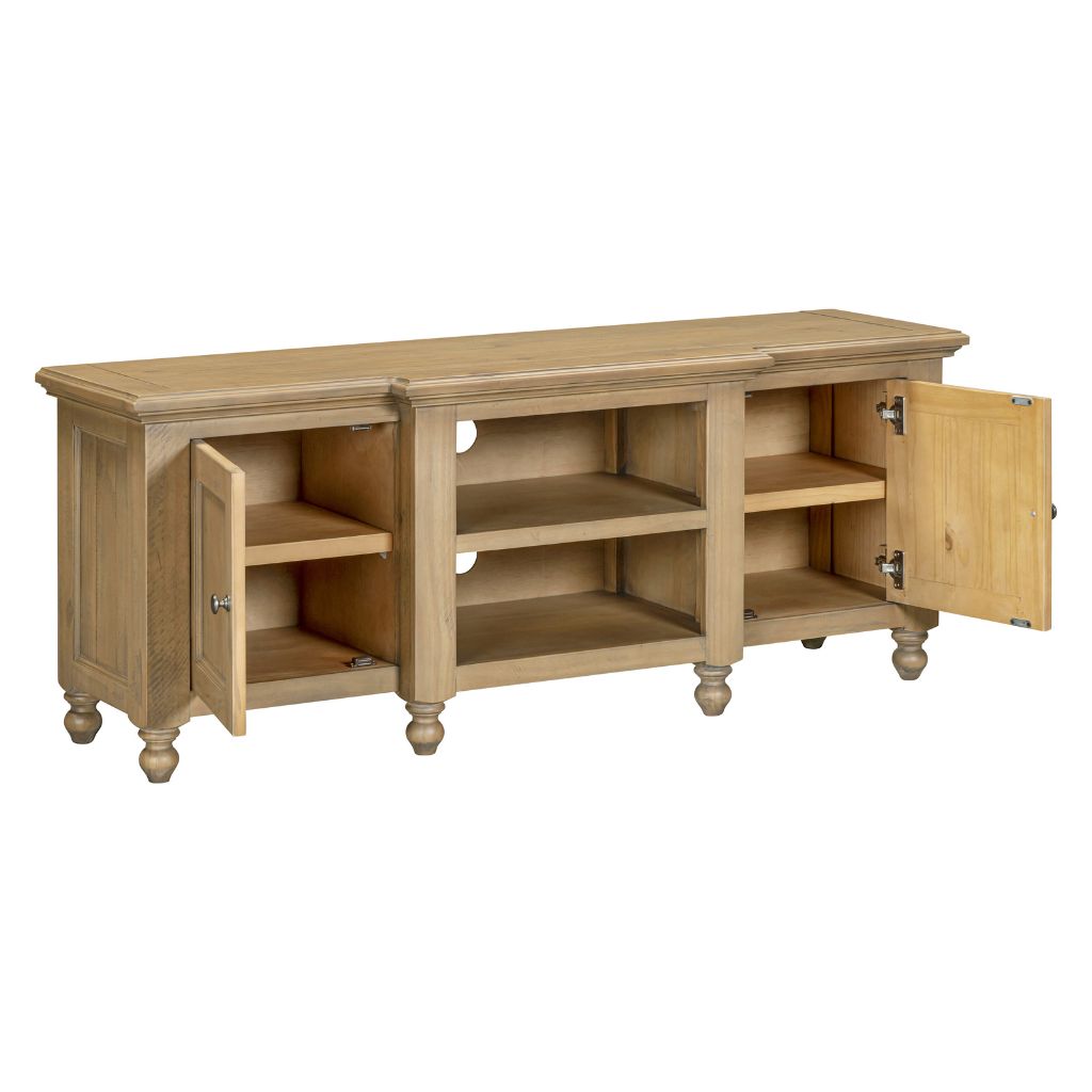 Wooden entertainment console with open doors on a white background
