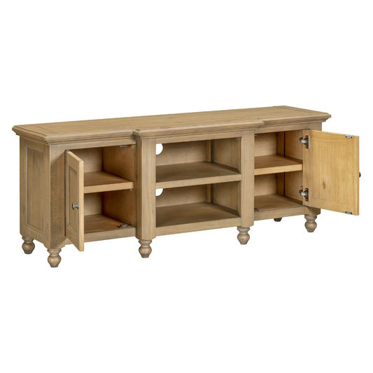 Wooden entertainment console with open doors on a white background