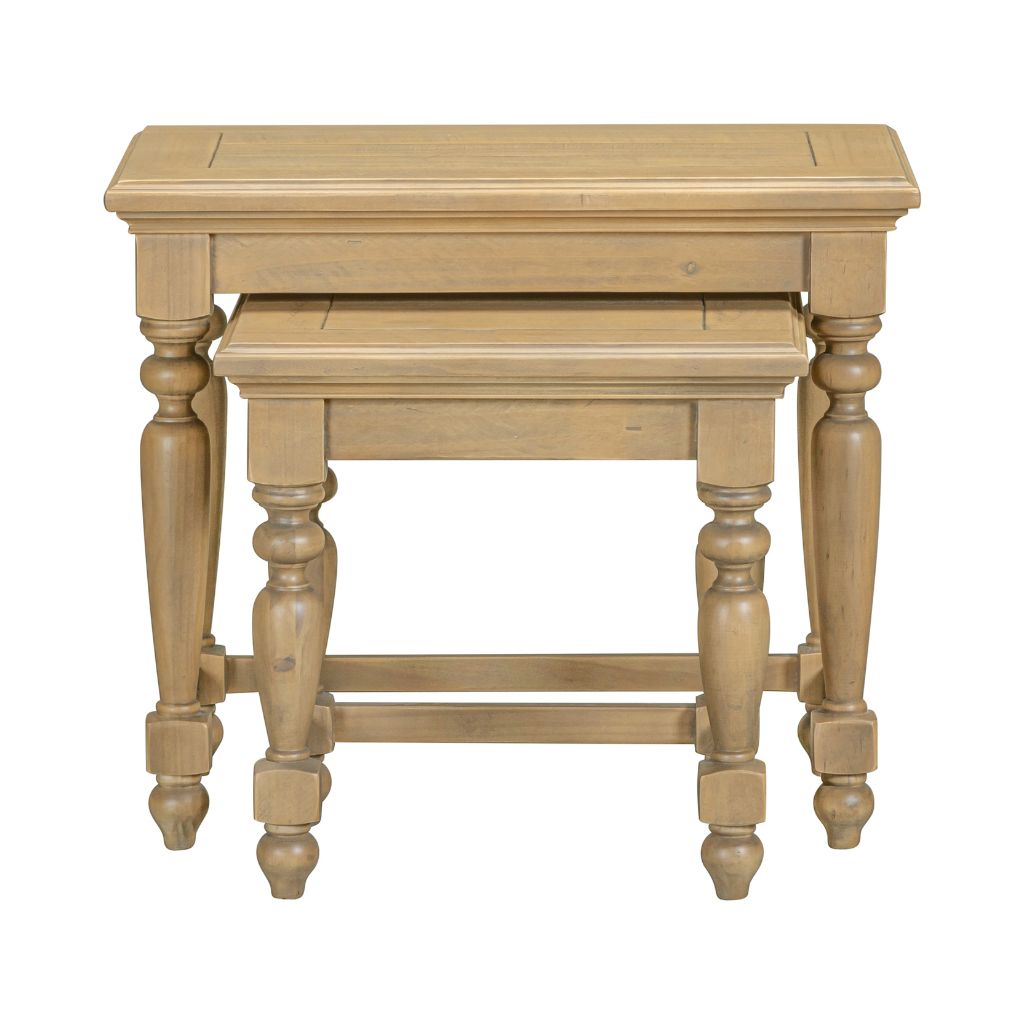 Set of two wooden nesting tables on a white background