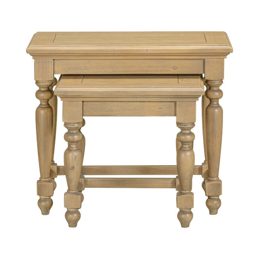 Set of two wooden nesting tables on a white background