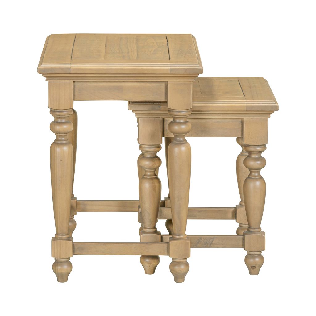 Set of two wooden side tables with turned legs on a white background