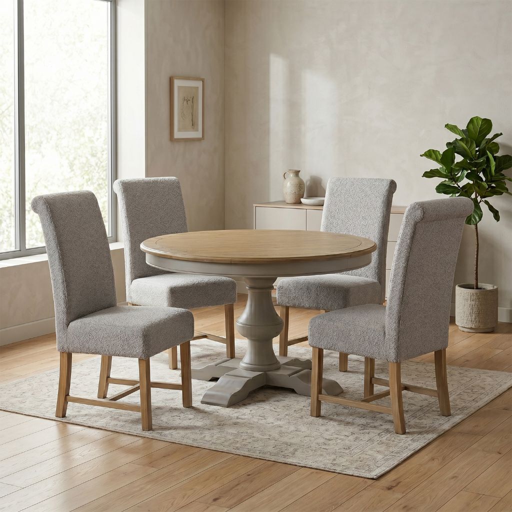 Dining room with round wooden table and four gray chairs on a light wood floor.
