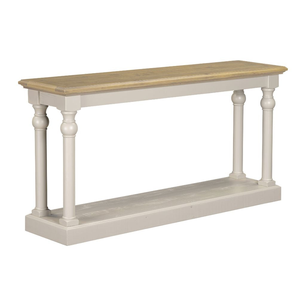 Console table with wooden top and grey base on a white background