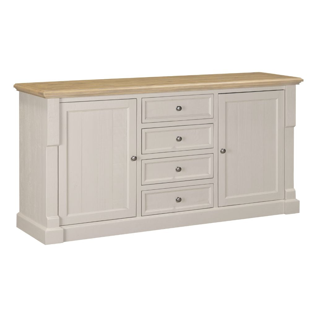 Cabinet with wooden top and light gray base on a white background