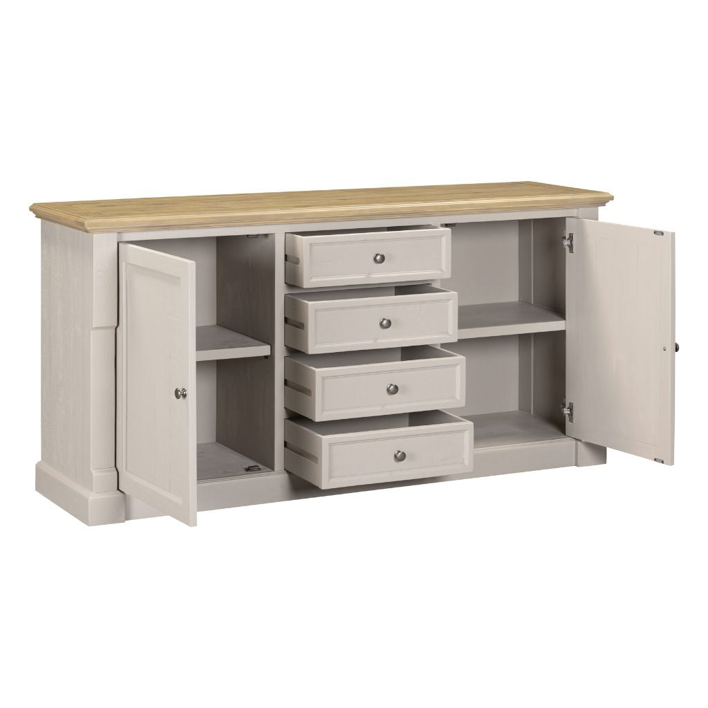 Gray sideboard with open doors and drawers on a white background