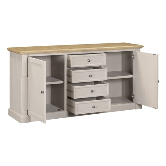 Gray sideboard with open doors and drawers on a white background